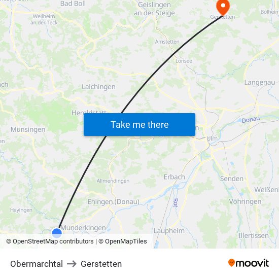 Obermarchtal to Gerstetten map