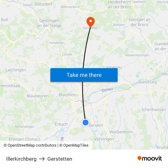Illerkirchberg to Gerstetten map
