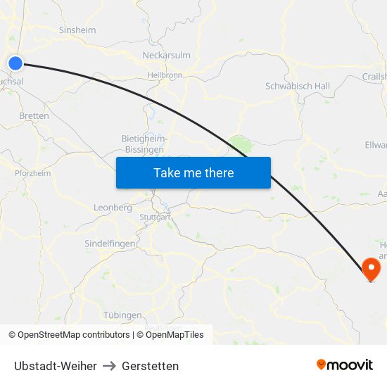 Ubstadt-Weiher to Gerstetten map