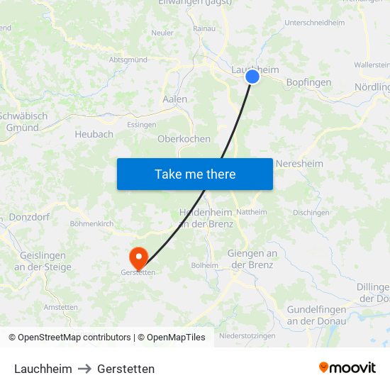 Lauchheim to Gerstetten map