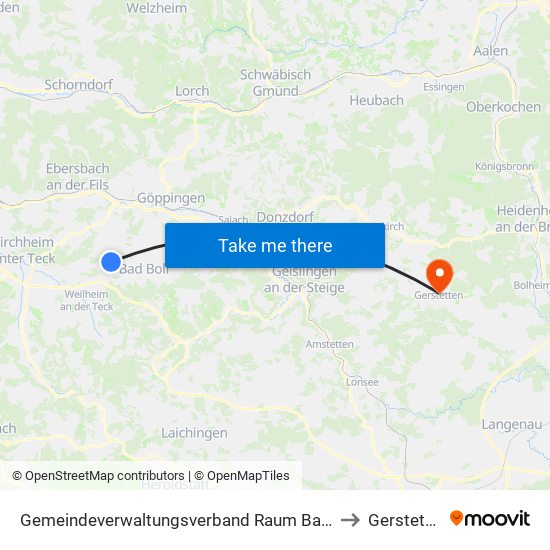 Gemeindeverwaltungsverband Raum Bad Boll to Gerstetten map