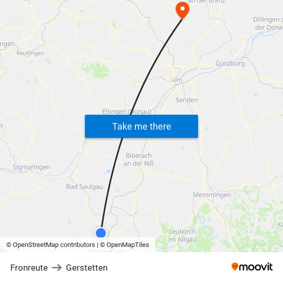 Fronreute to Gerstetten map