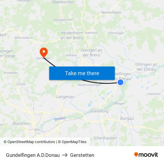 Gundelfingen A.D.Donau to Gerstetten map