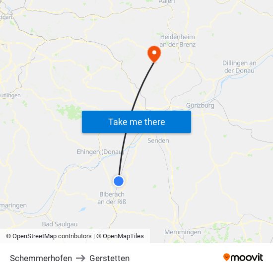 Schemmerhofen to Gerstetten map