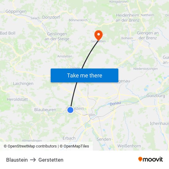 Blaustein to Gerstetten map