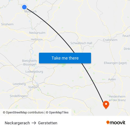 Neckargerach to Gerstetten map