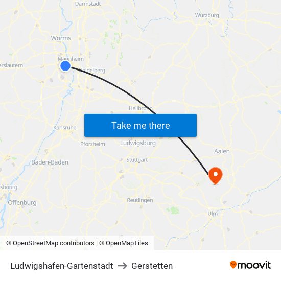 Ludwigshafen-Gartenstadt to Gerstetten map