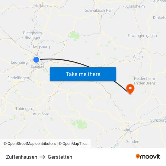 Zuffenhausen to Gerstetten map