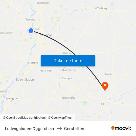 Ludwigshafen-Oggersheim to Gerstetten map