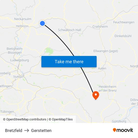 Bretzfeld to Gerstetten map