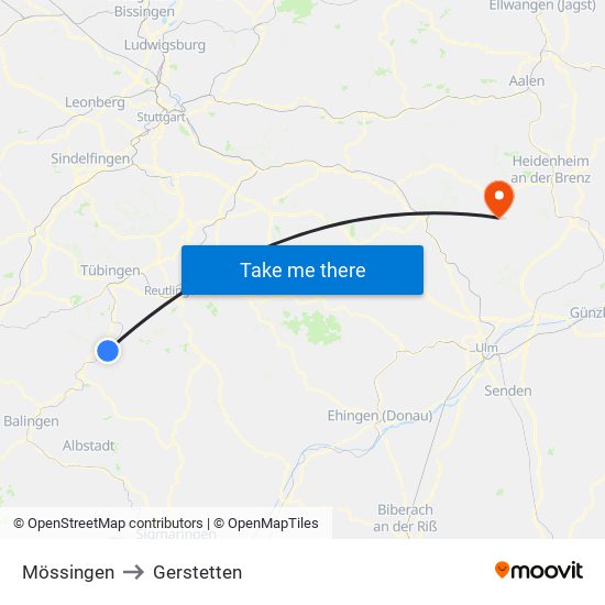 Mössingen to Gerstetten map