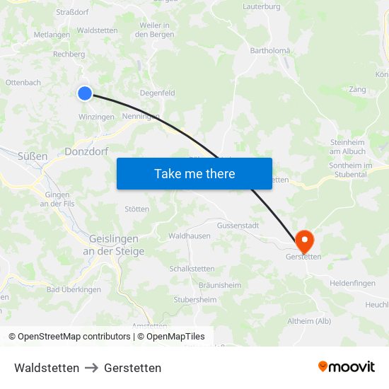 Waldstetten to Gerstetten map