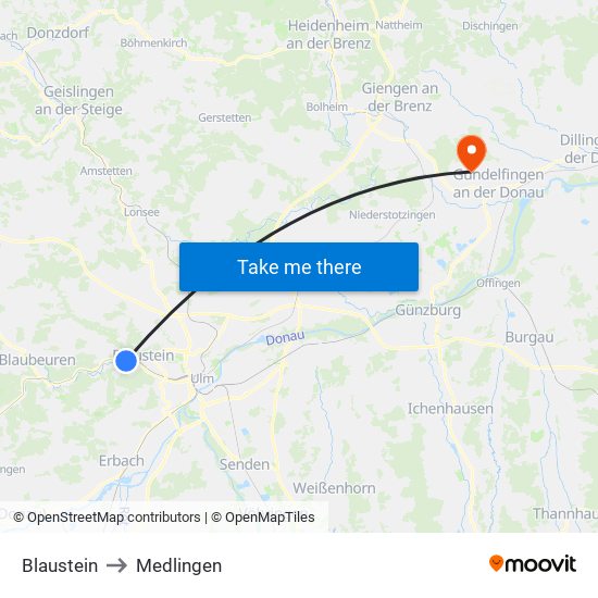 Blaustein to Medlingen map