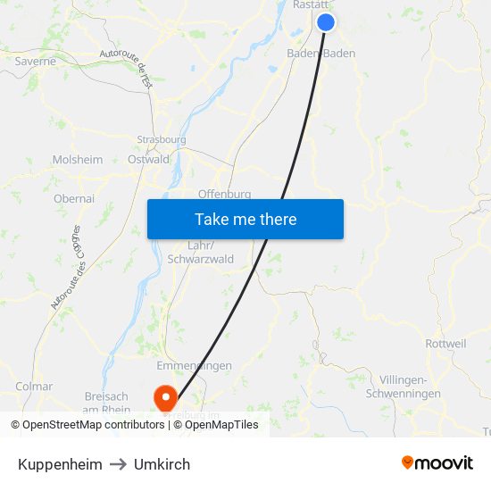 Kuppenheim to Umkirch map