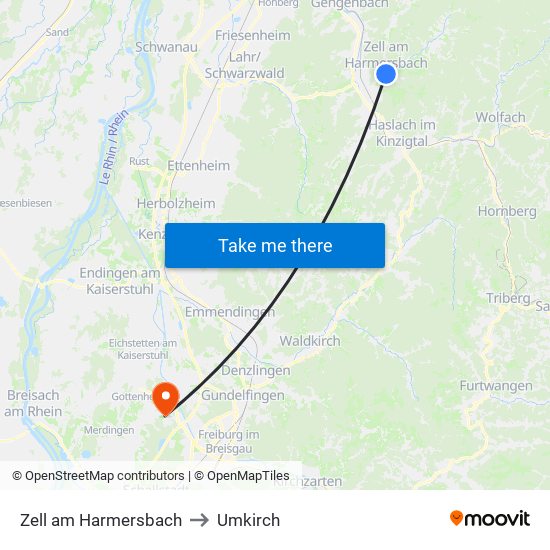 Zell am Harmersbach to Umkirch map