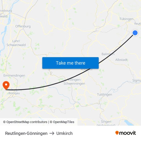 Reutlingen-Gönningen to Umkirch map