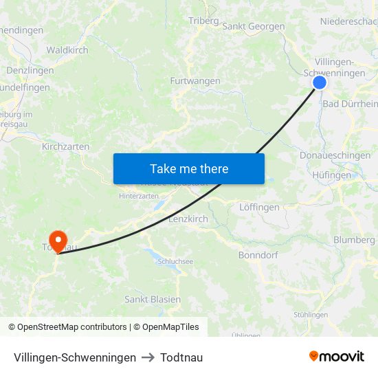 Villingen-Schwenningen to Todtnau map