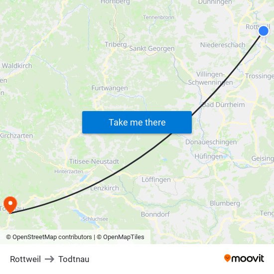 Rottweil to Todtnau map