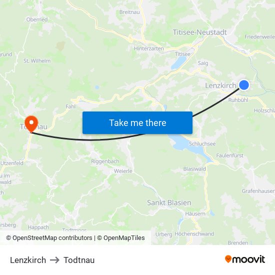 Lenzkirch to Todtnau map