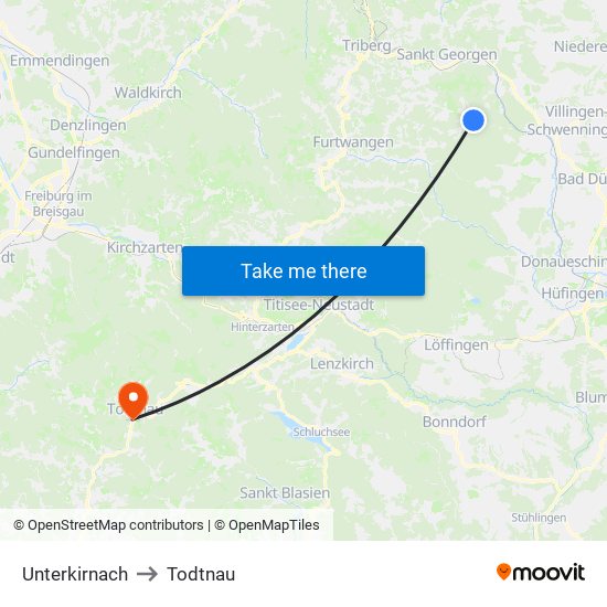 Unterkirnach to Todtnau map