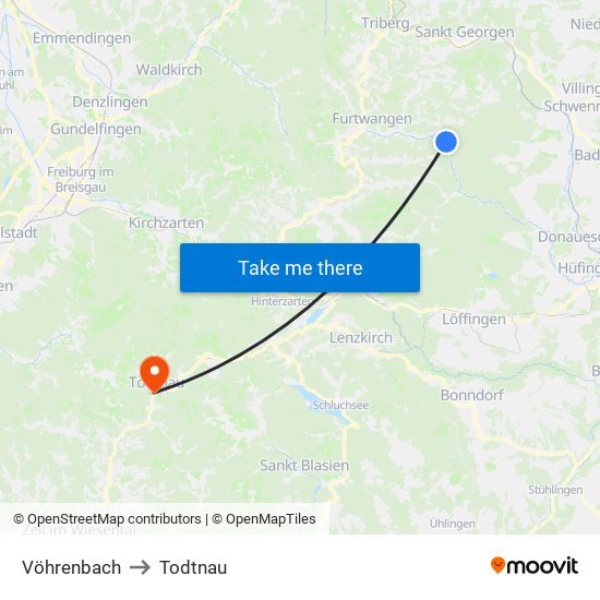 Vöhrenbach to Todtnau map