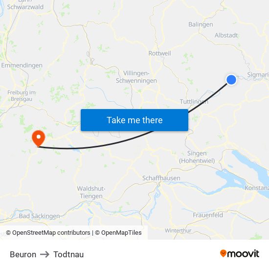 Beuron to Todtnau map
