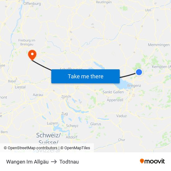 Wangen Im Allgäu to Todtnau map