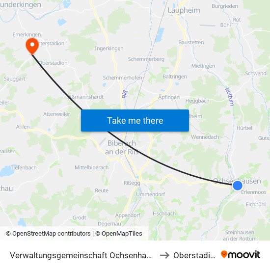 Verwaltungsgemeinschaft Ochsenhausen to Oberstadion map