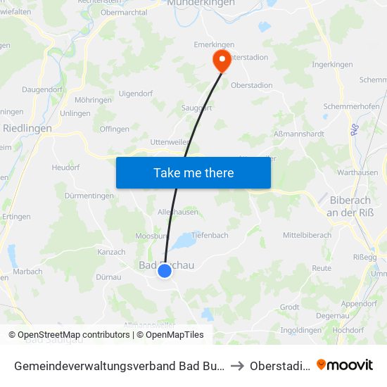Gemeindeverwaltungsverband Bad Buchau to Oberstadion map