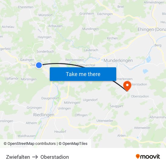 Zwiefalten to Oberstadion map