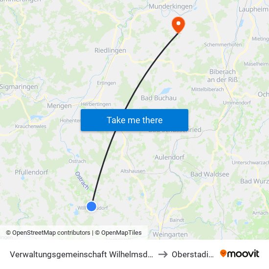 Verwaltungsgemeinschaft Wilhelmsdorf to Oberstadion map