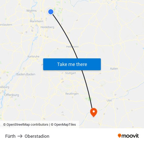 Fürth to Oberstadion map
