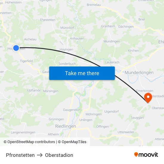 Pfronstetten to Oberstadion map