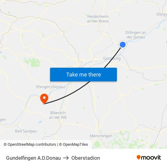 Gundelfingen A.D.Donau to Oberstadion map