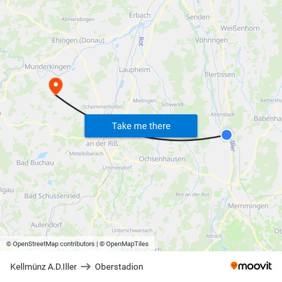 Kellmünz A.D.Iller to Oberstadion map