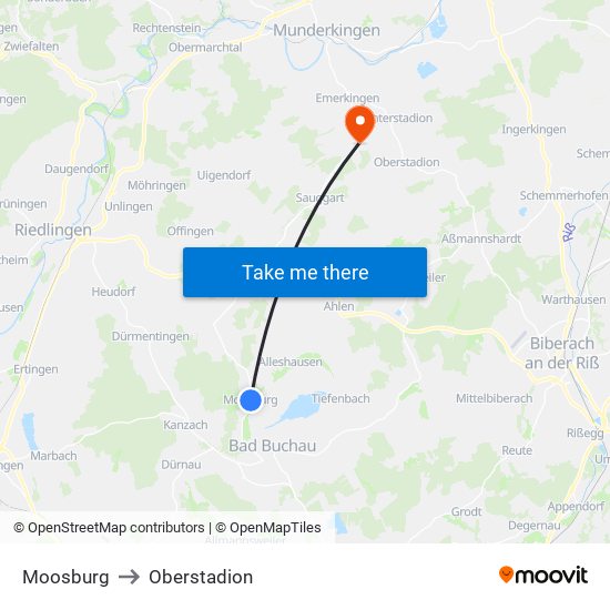 Moosburg to Oberstadion map