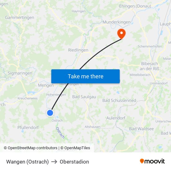 Wangen (Ostrach) to Oberstadion map