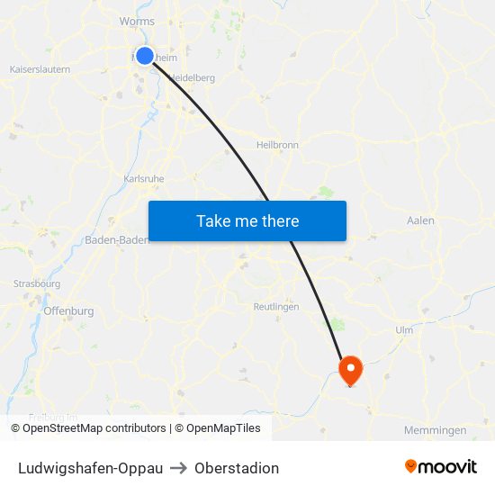 Ludwigshafen-Oppau to Oberstadion map