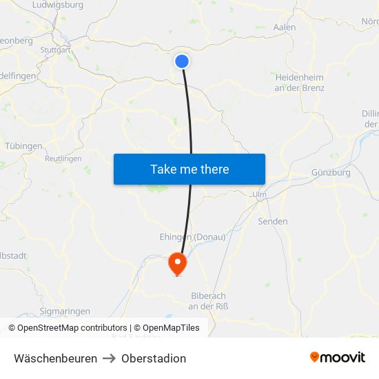 Wäschenbeuren to Oberstadion map