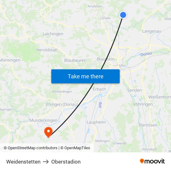 Weidenstetten to Oberstadion map