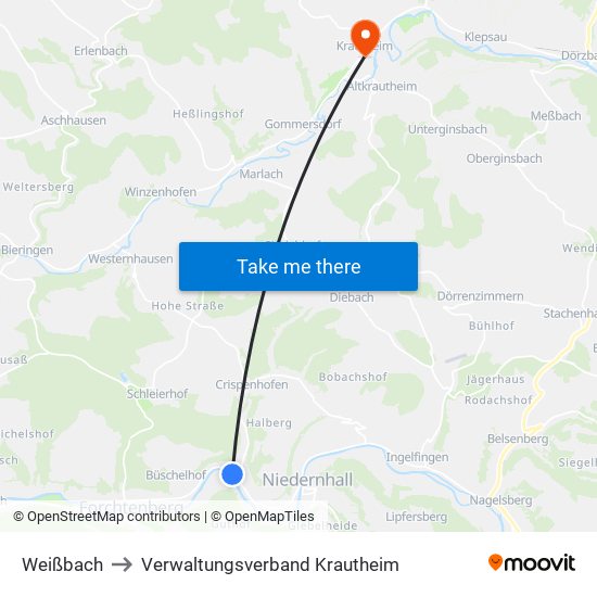 Weißbach to Verwaltungsverband Krautheim map