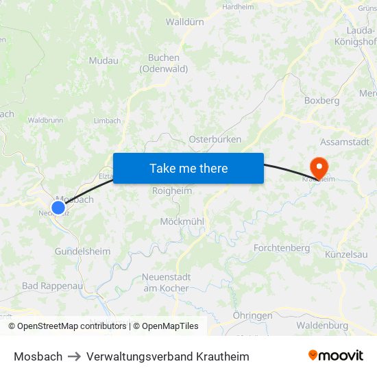 Mosbach to Verwaltungsverband Krautheim map