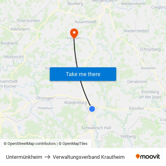 Untermünkheim to Verwaltungsverband Krautheim map