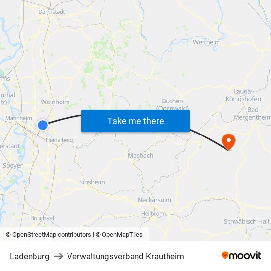Ladenburg to Verwaltungsverband Krautheim map