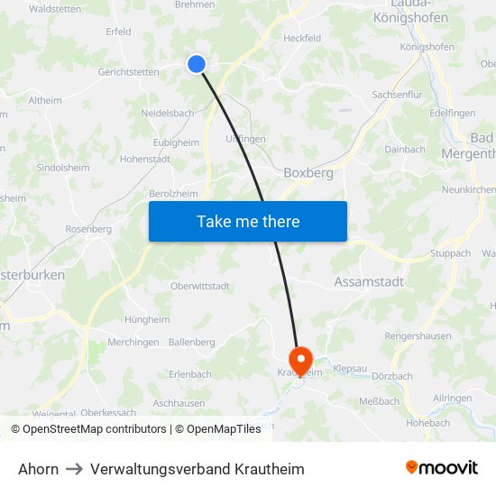 Ahorn to Verwaltungsverband Krautheim map