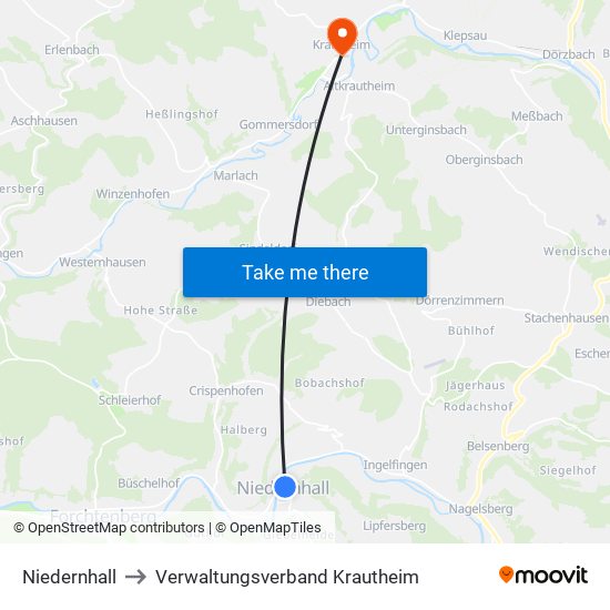 Niedernhall to Verwaltungsverband Krautheim map