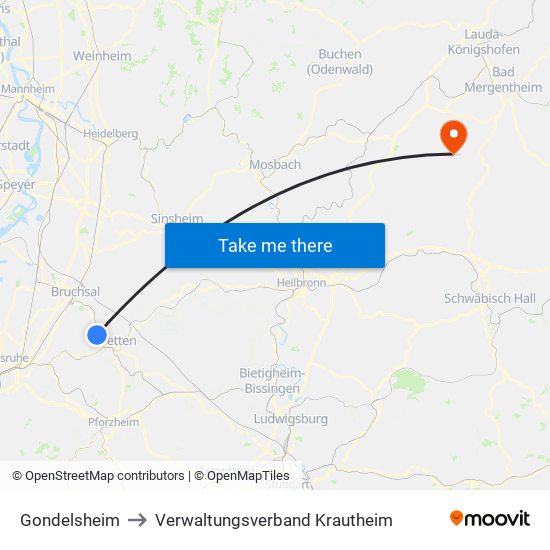 Gondelsheim to Verwaltungsverband Krautheim map