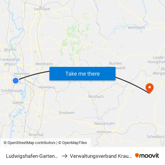 Ludwigshafen-Gartenstadt to Verwaltungsverband Krautheim map