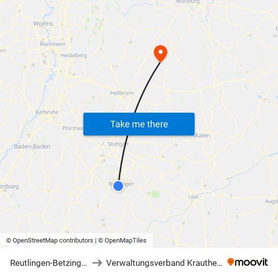 Reutlingen-Betzingen to Verwaltungsverband Krautheim map