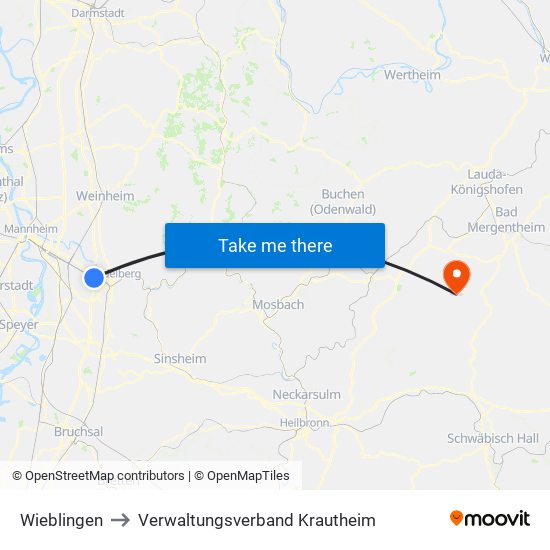 Wieblingen to Verwaltungsverband Krautheim map